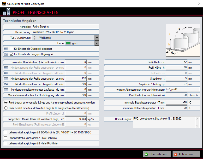 Calculator for Belt Conveyors - Profil-Eigenschaften