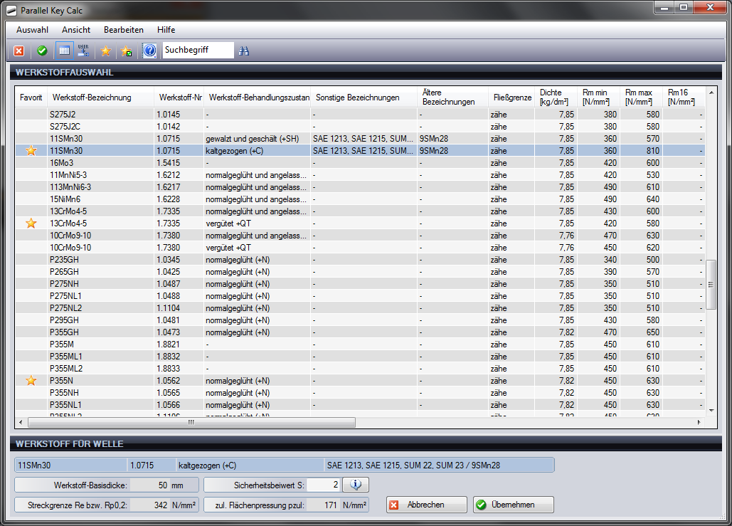 Parallel Key Calc - Werkstoffauswahl
